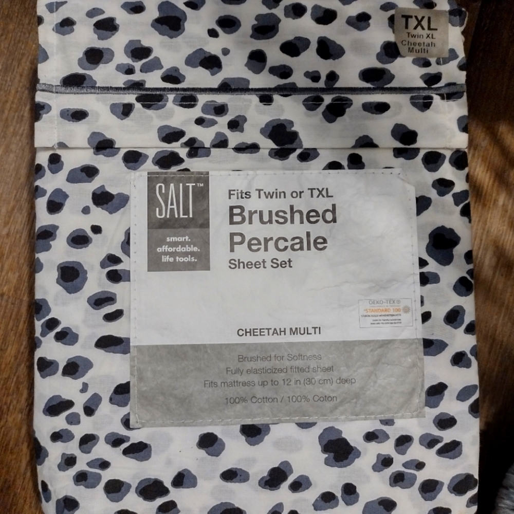 SALT Twin or TXL Percale Sheets Cheetah Black 100% Cotton White New